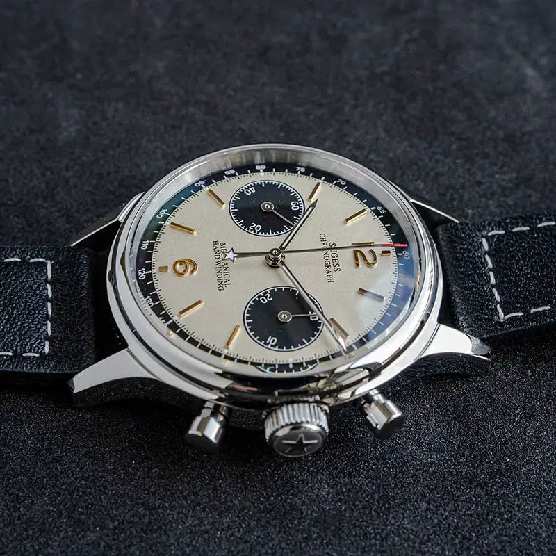 Sugess 1963 Pilot chronograph panda watch with cream dial, black subdials, stainless steel case, black stitched strap