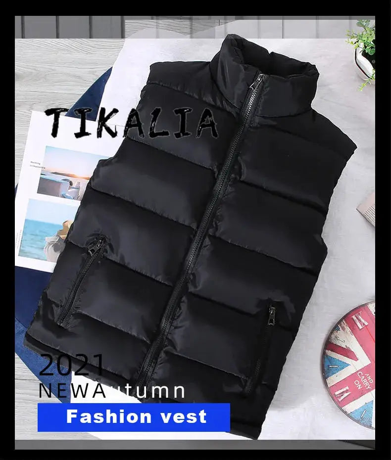 Black men's sleeveless puffer vest with stand collar and zip pockets