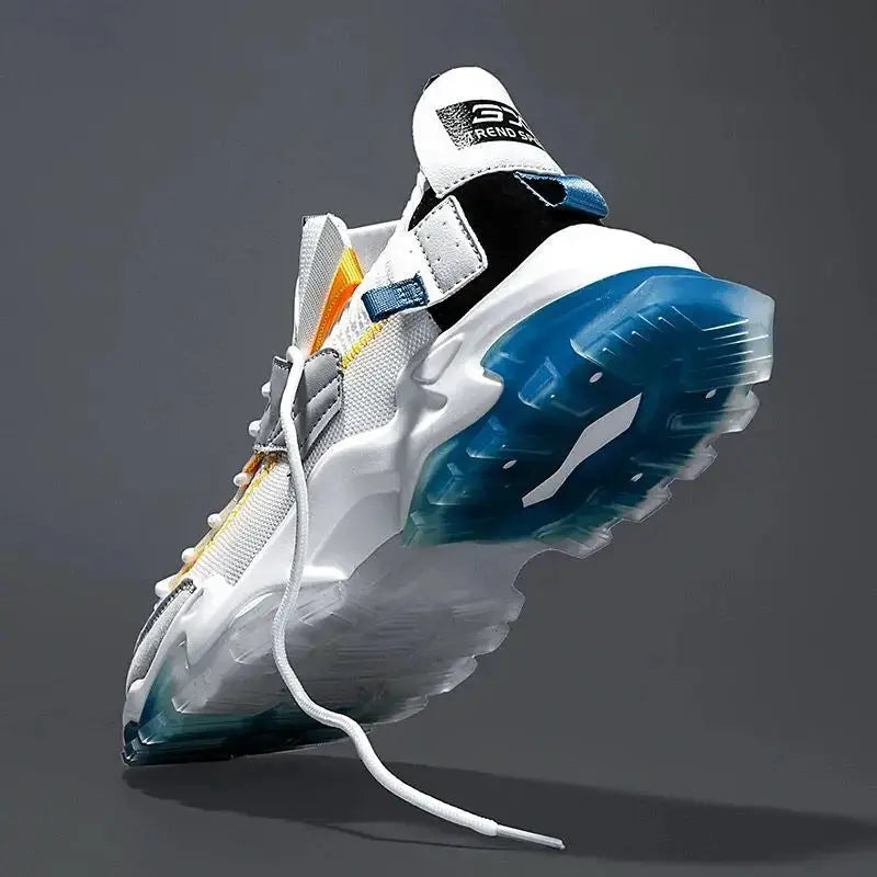Men's sneakers by Simples Market with white upper and blue translucent outsole, athletic running shoe
