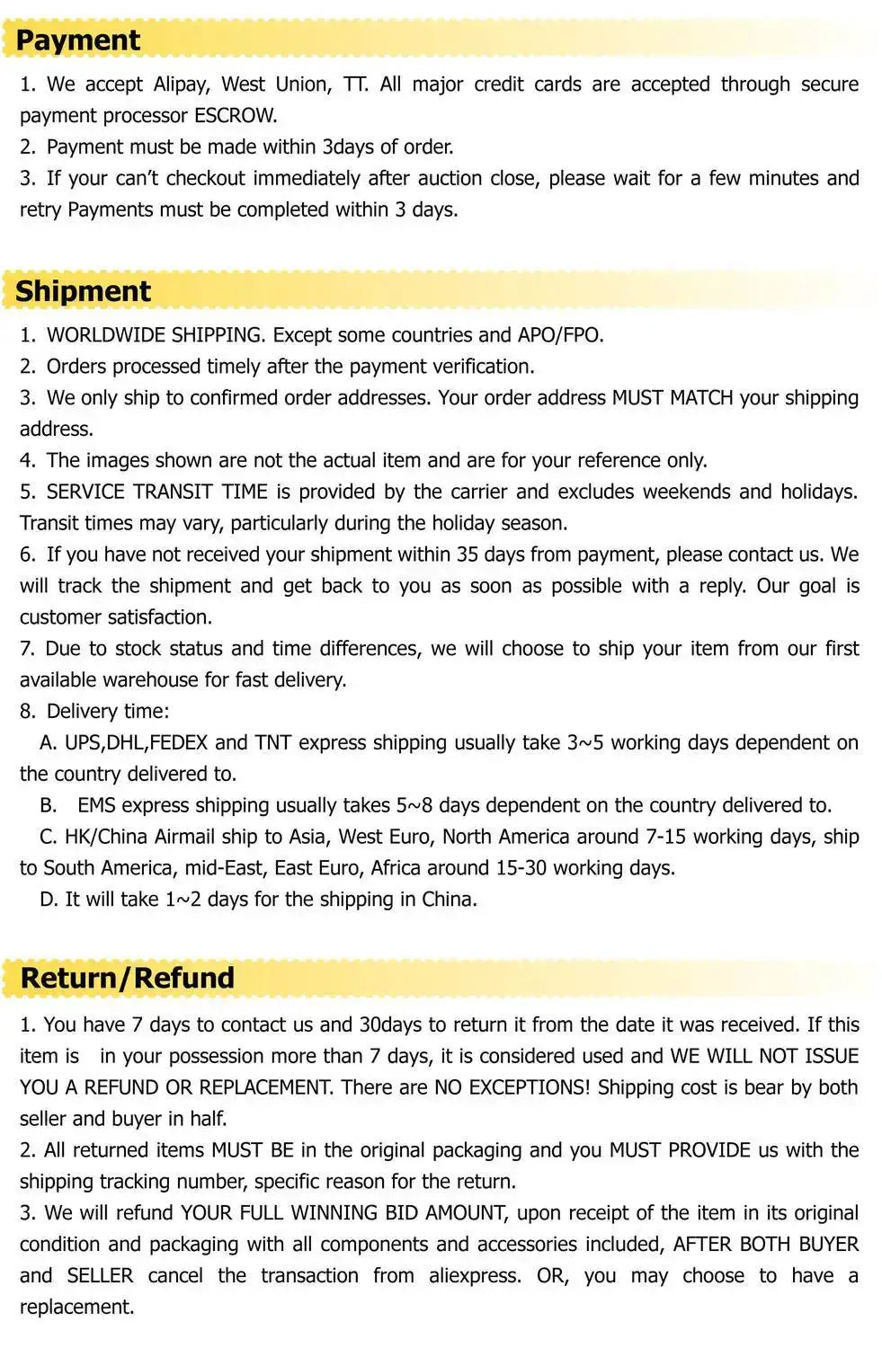 Policy page detailing Payment, Shipment, and Return/Refund terms with yellow section headers