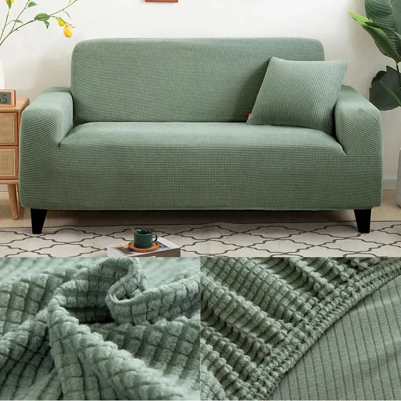 Simples Market thick green jacquard sofa protector for L-shaped couch; textured ribbed fabric