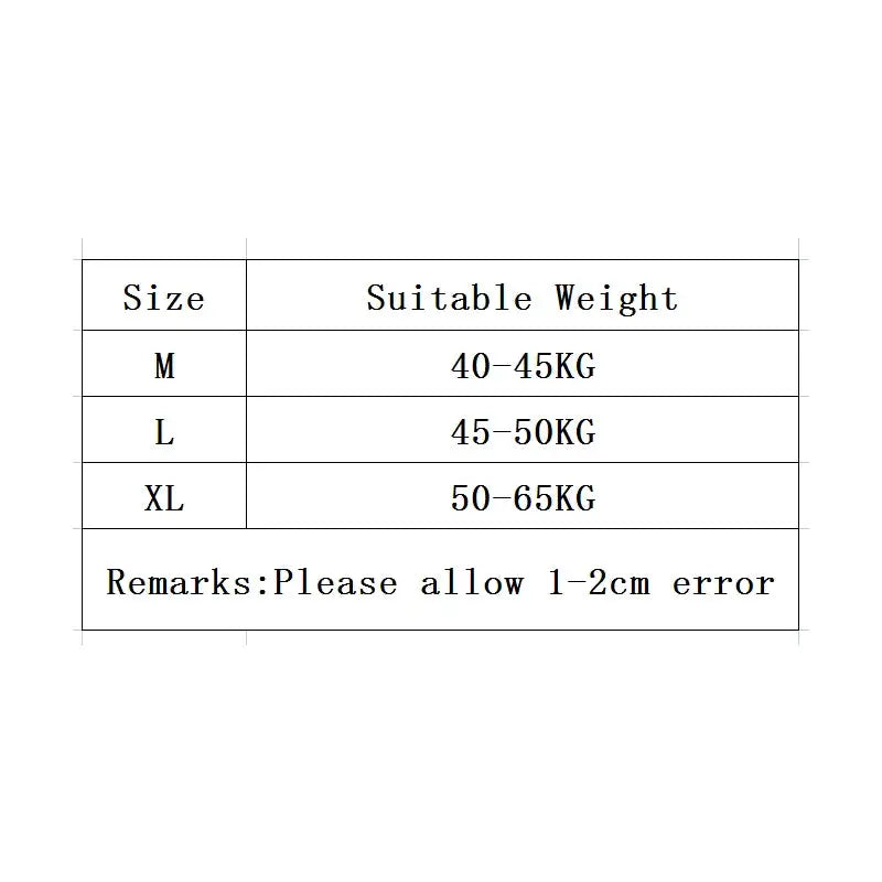 Panties size chart showing M/L/XL and weight ranges 40–45 kg, 45–50 kg, 50–65 kg; remarks: please allow 1–2 cm error.