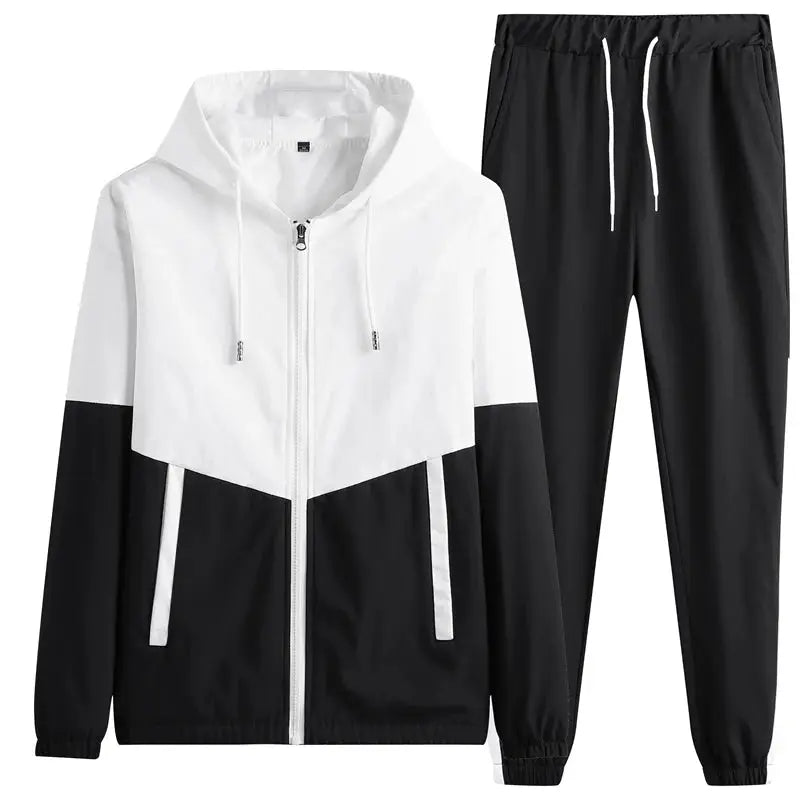 Men's 2-piece tracksuit set: white/black color-block hooded jacket and black jogger pants, Simples Market