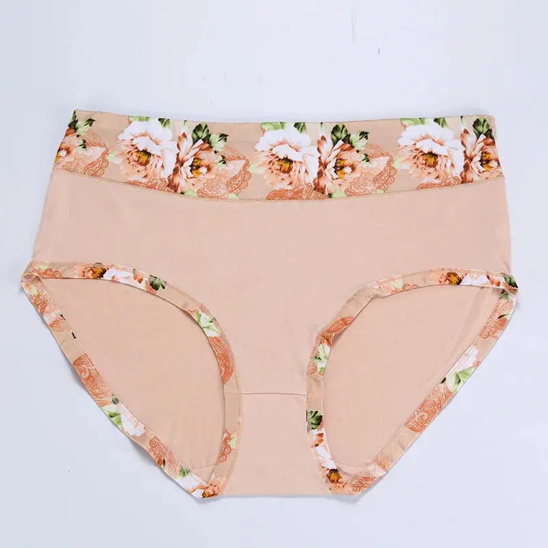 Women's peach floral-print high-waist panties with matching floral trim