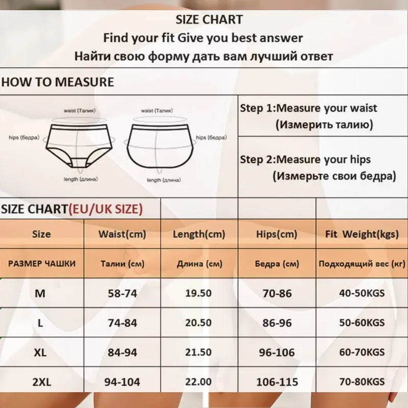 Simples Market sexy low waist cotton briefs size chart for M–2XL underwear with waist, hips, length measurements.