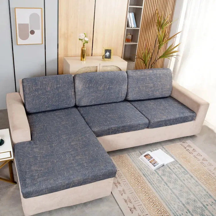 Geometric print corner sofa slipcover in blue-gray, elastic stretch couch protector for pets