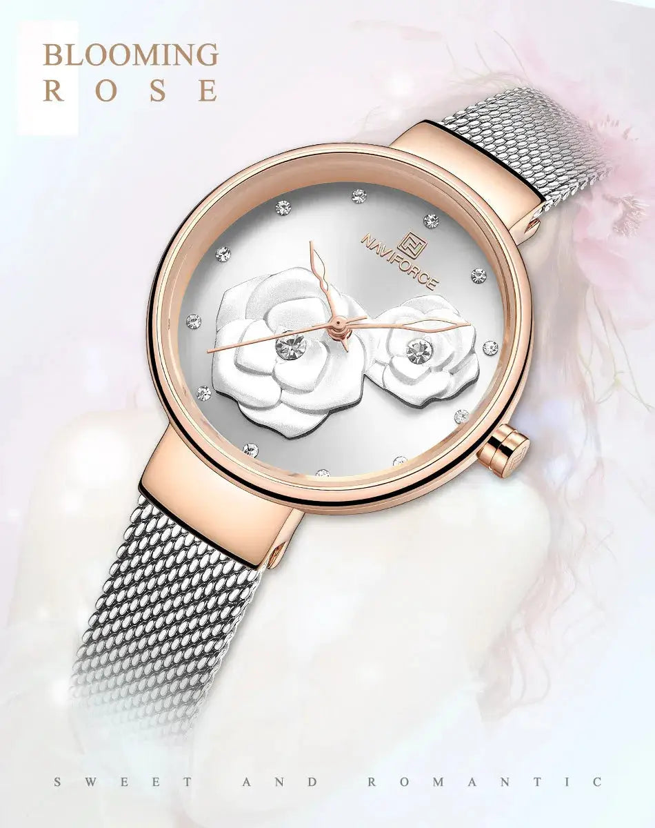 Women’s NAVIFORCE luxury steel mesh watch with rose-gold case, silver mesh band, floral dial and crystal markers