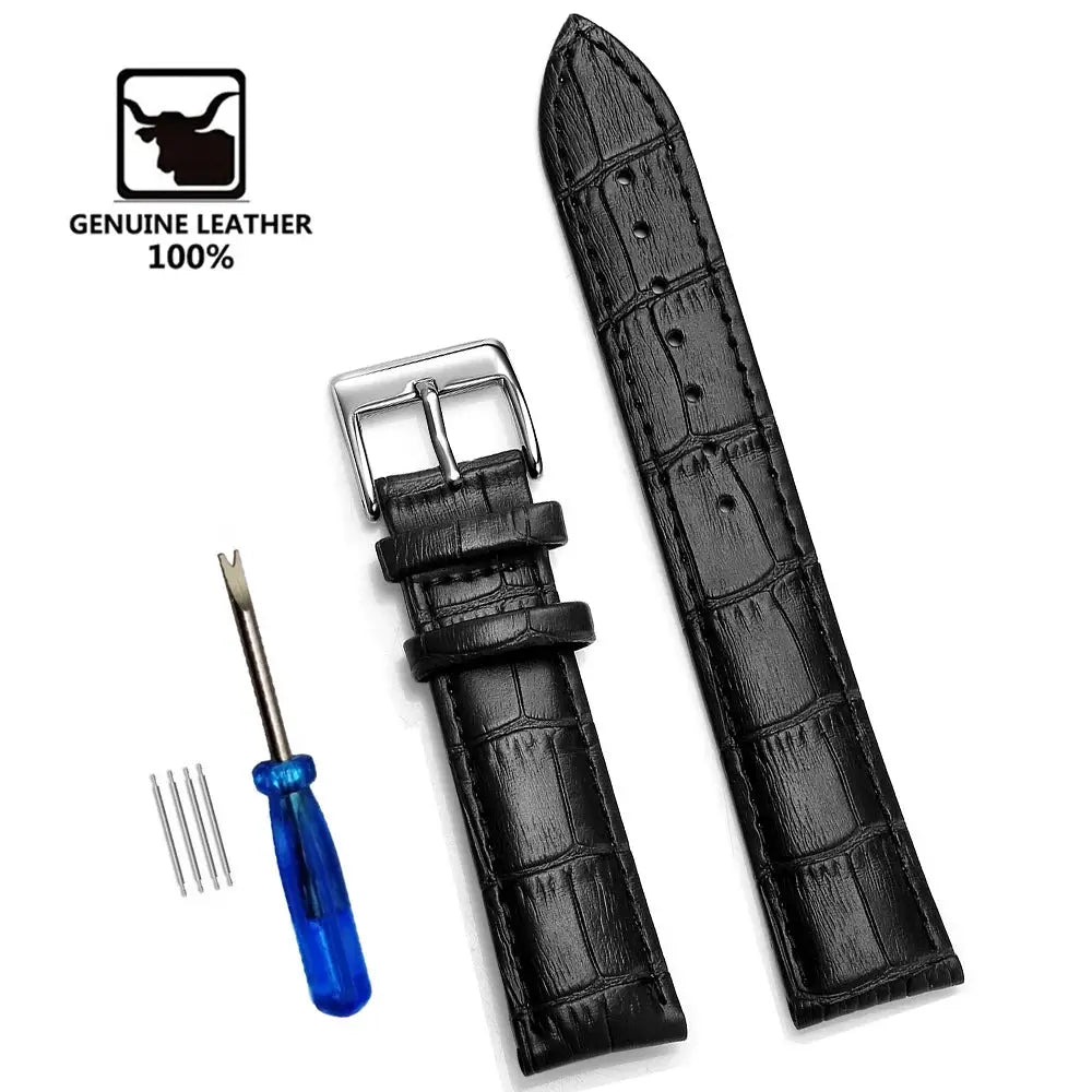 Genuine leather watchbands, black crocodile-embossed, 12–24 mm, 2-pack with buckle, tool and pins