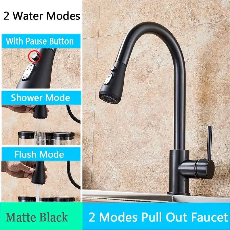 Simples Market matte black pull-out kitchen faucet with flexible spray head and 2 water modes