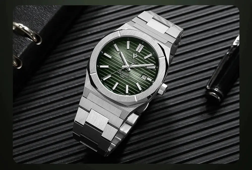 CADISEN diver watch with green textured dial, stainless steel bracelet, automatic movement, 10 bar water resistance
