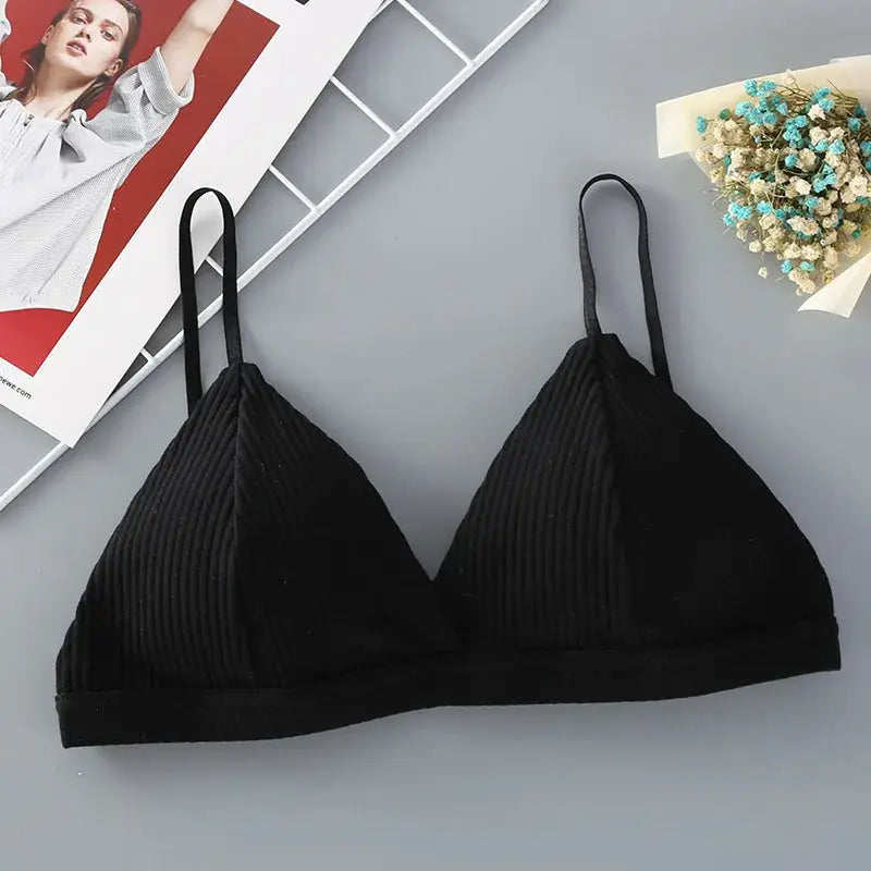 Women's black ribbed triangle-cup bralette, cotton, wire-free lingerie with thin straps