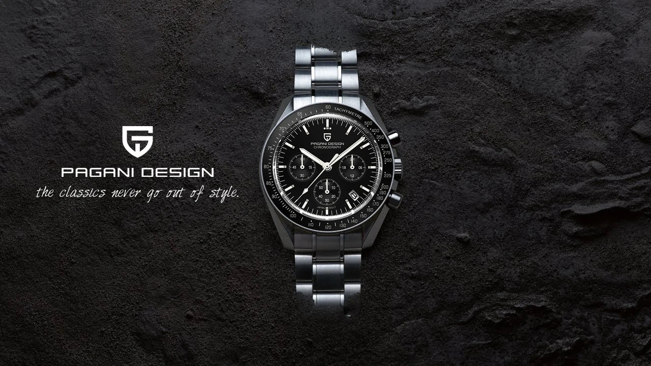 Pagani Design men's stainless steel chronograph watch with black dial and tachymeter bezel