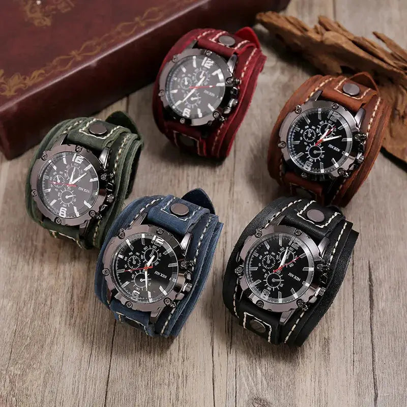 Rogue Punk Style Mens Quartz Watch With Wide Genuine Cowhide Leather Strap And Luminous Dial