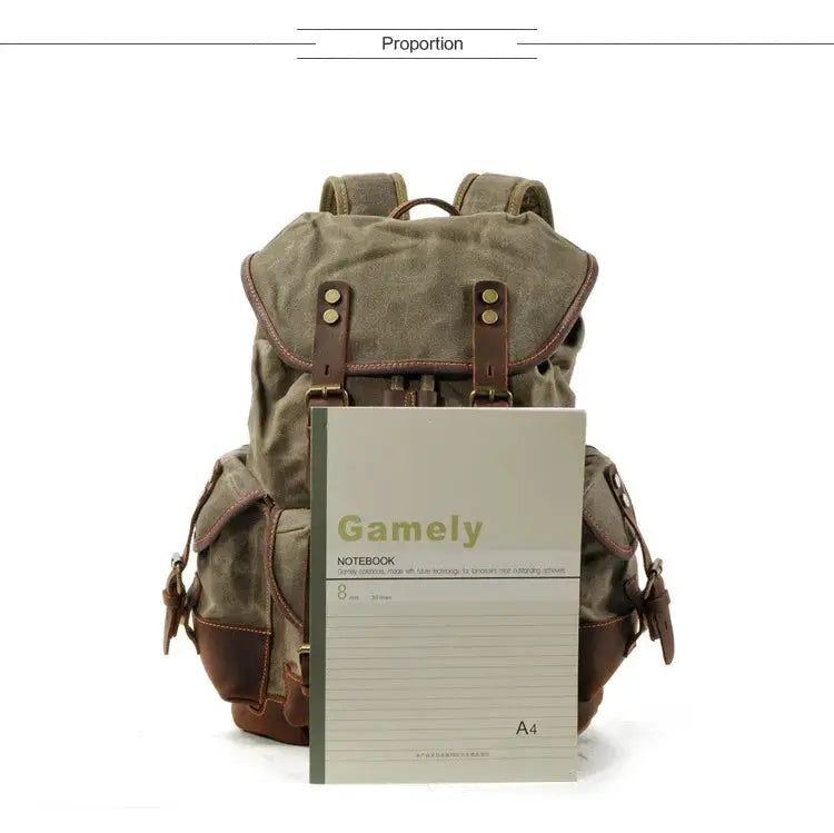 Vintage canvas backpack for men with brown leather straps and waxed finish, large travel rucksack.