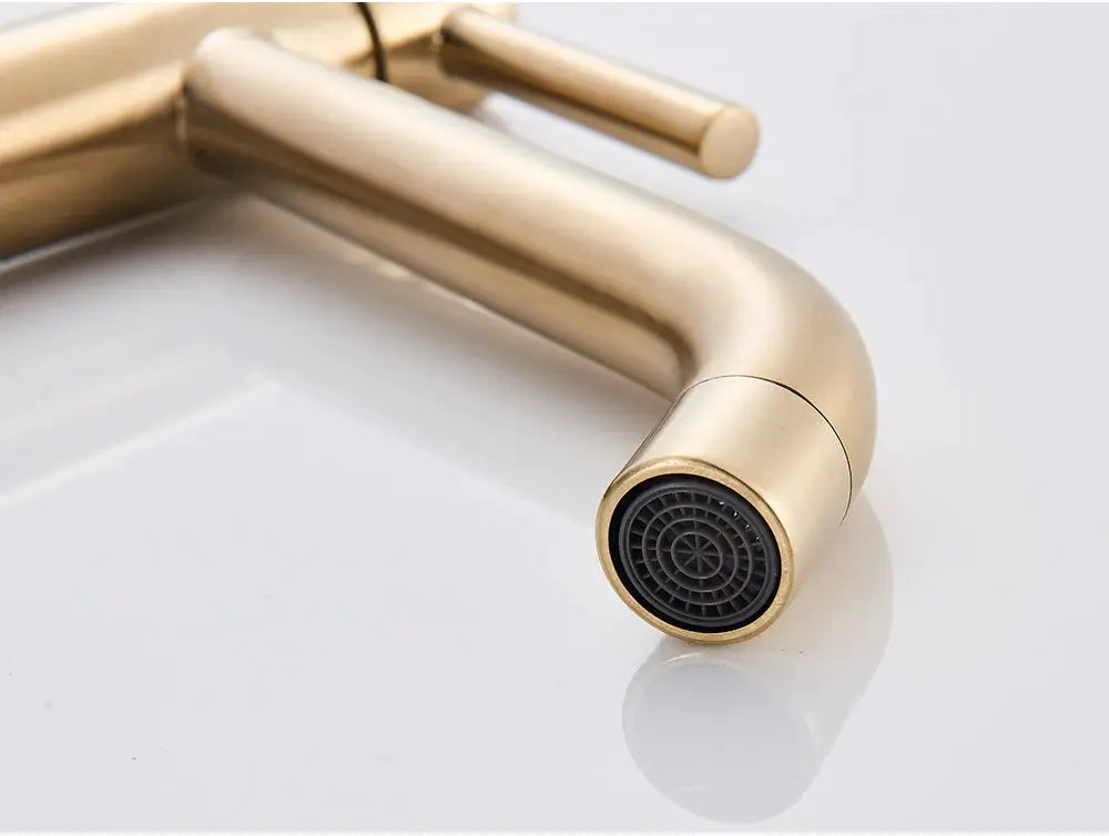 Brushed gold basin faucet by Simples Market with black aerator for bathroom sink