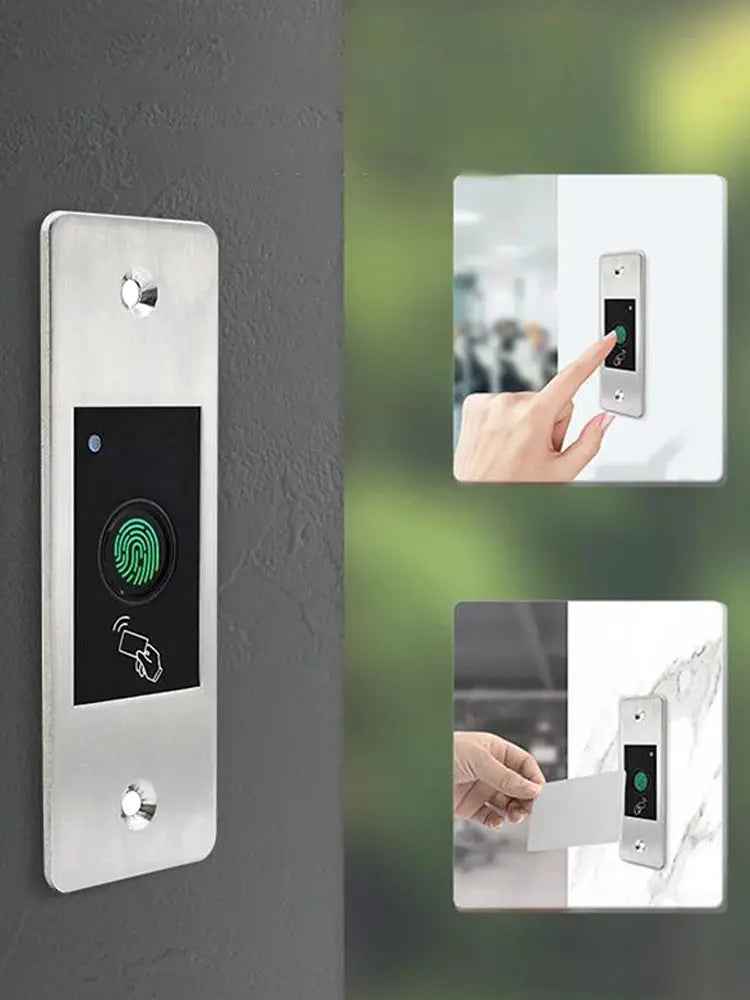 Simples Market 9-18V RFID door access controller with embedded fingerprint reader on a metal panel