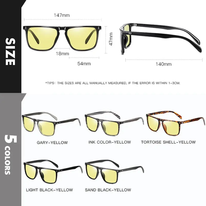 Rivet Square Photochromic Sunglasses Polarized Day Night Vision With Anti Glare Unisex