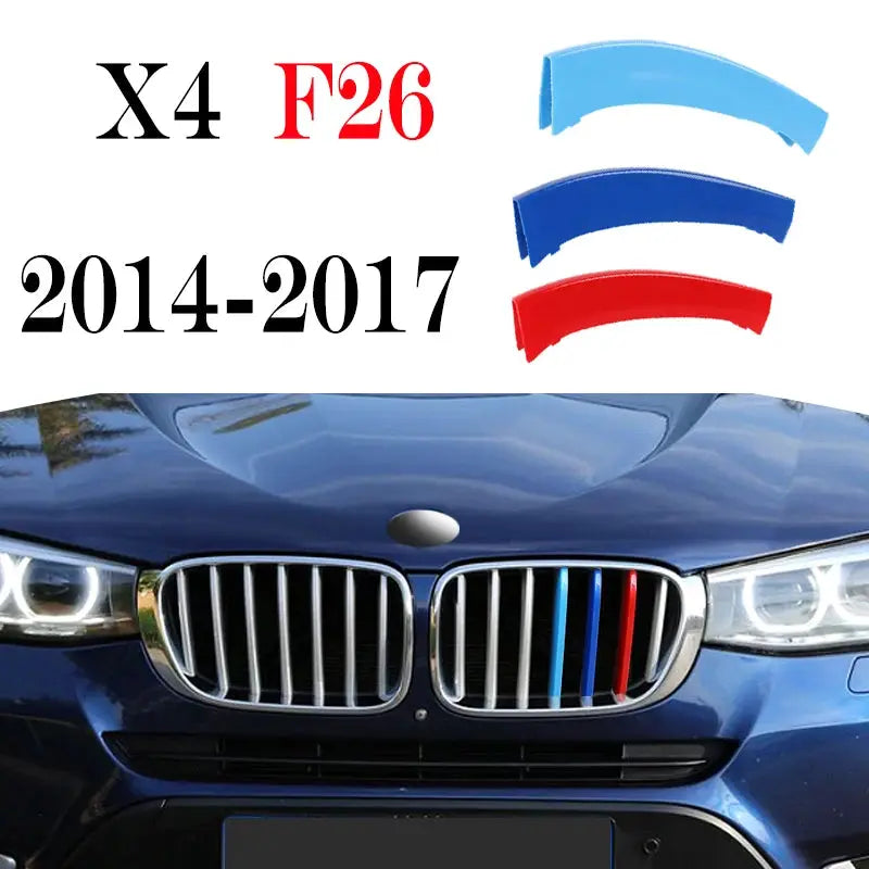 3Pcs Front Grille Trim Strips for BMW X4 F26 2014-2017 by Simples Market in light blue, blue and red