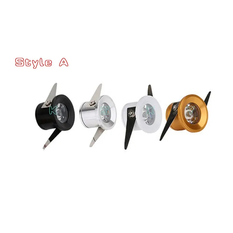 LED cabinet mini spotlights Style A set of five in black, silver, white and bronze finishes.