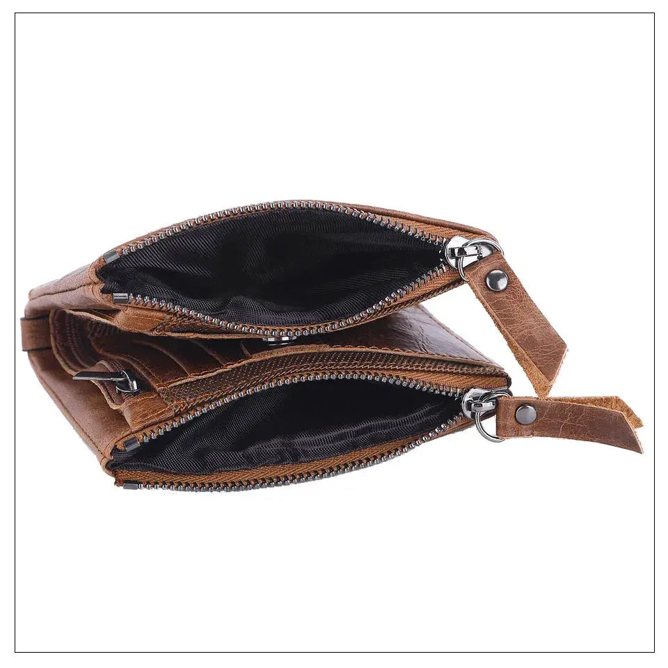 Men's brown genuine cowhide leather wallet with dual zip compartments by Simples Market.