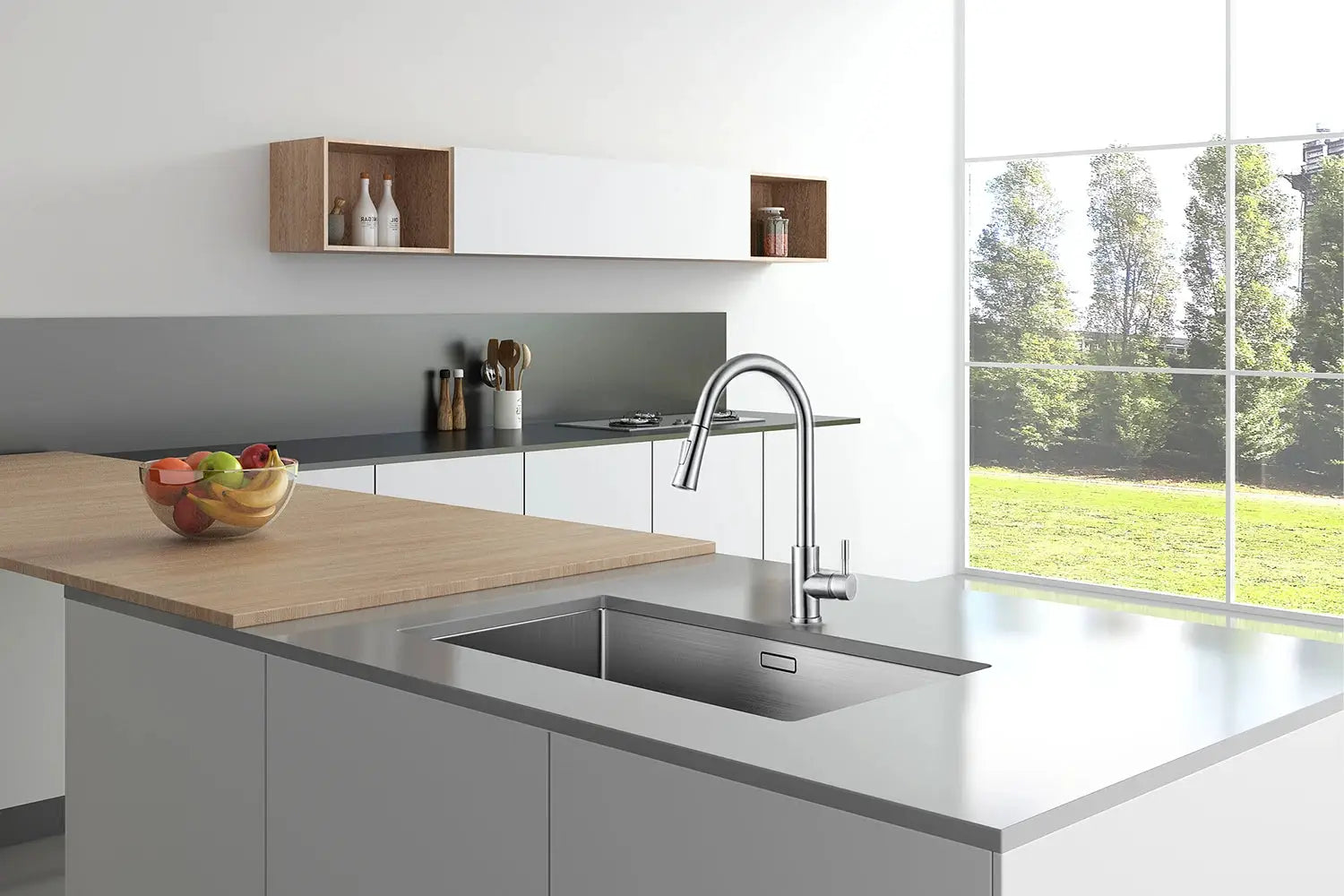Kitchen faucet with single-hole pull-out spray, chrome finish, modern mixer tap