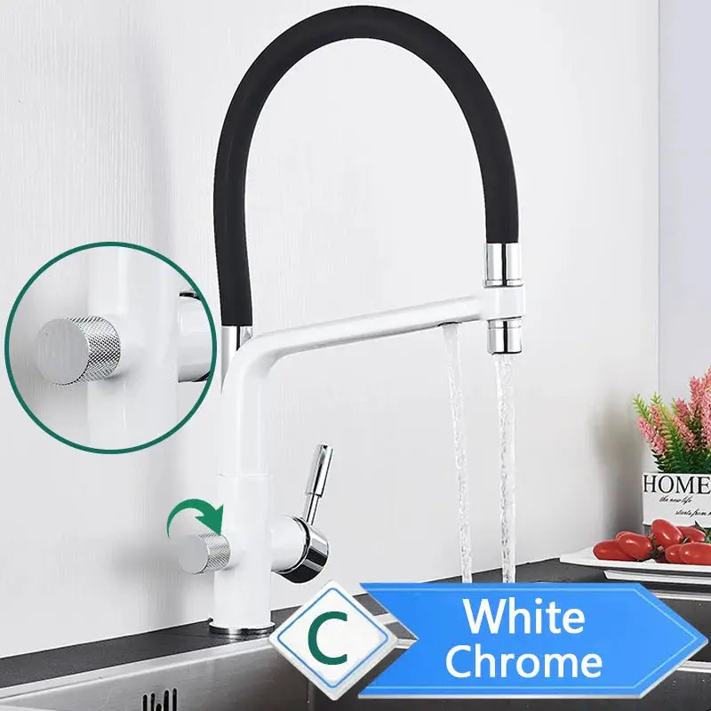 Rozin white chrome purification kitchen faucet with black pull-out spray, 3-way mixer