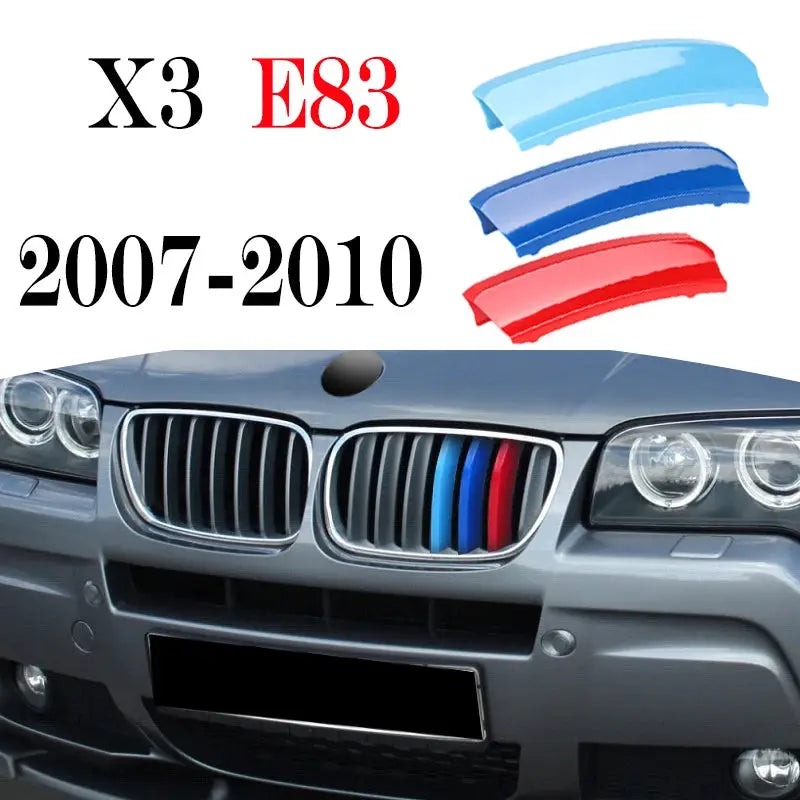 3-piece front grille trim strips for BMW, blue and red accents on the kidney grille.