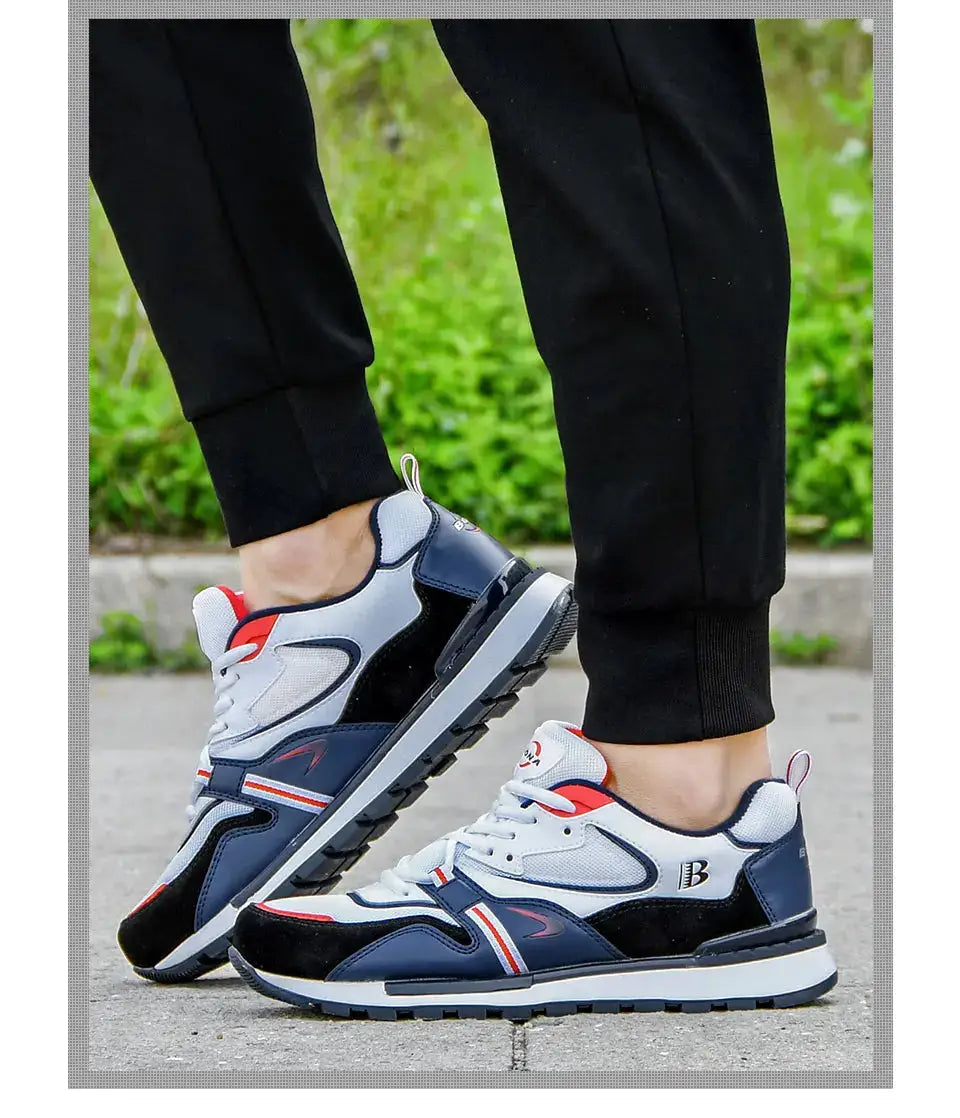 Men's BONA action leather sport sneakers in navy, white and red with a chunky outsole