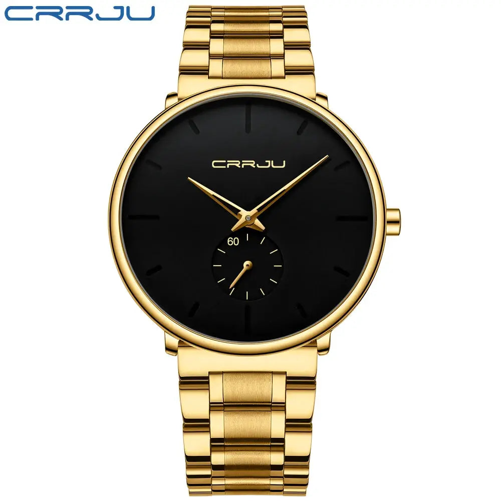 CRRJU gold-tone stainless steel men's wristwatch with black dial and small seconds subdial.