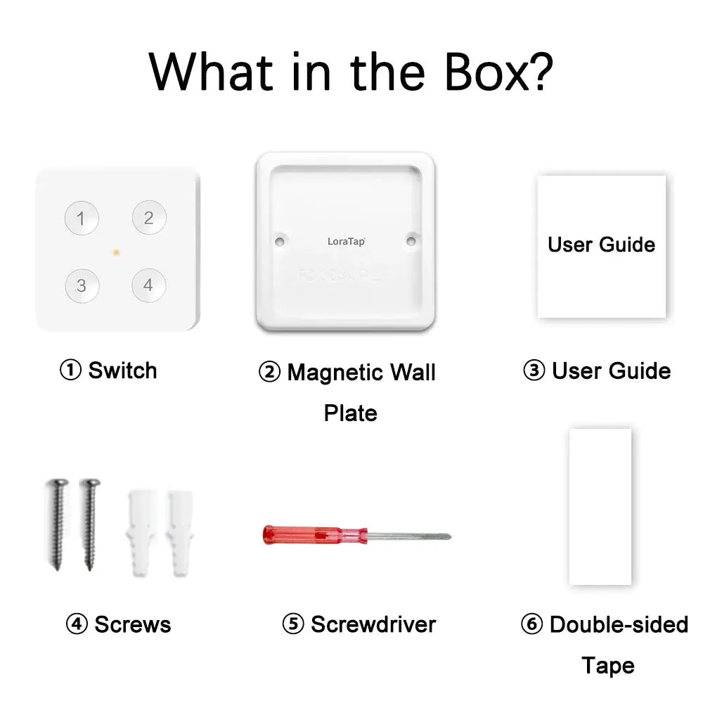 LoraTap ZigBee 3.0 6-button remote kit: switch, magnetic wall plate, screws, screwdriver, double-sided tape, user guide