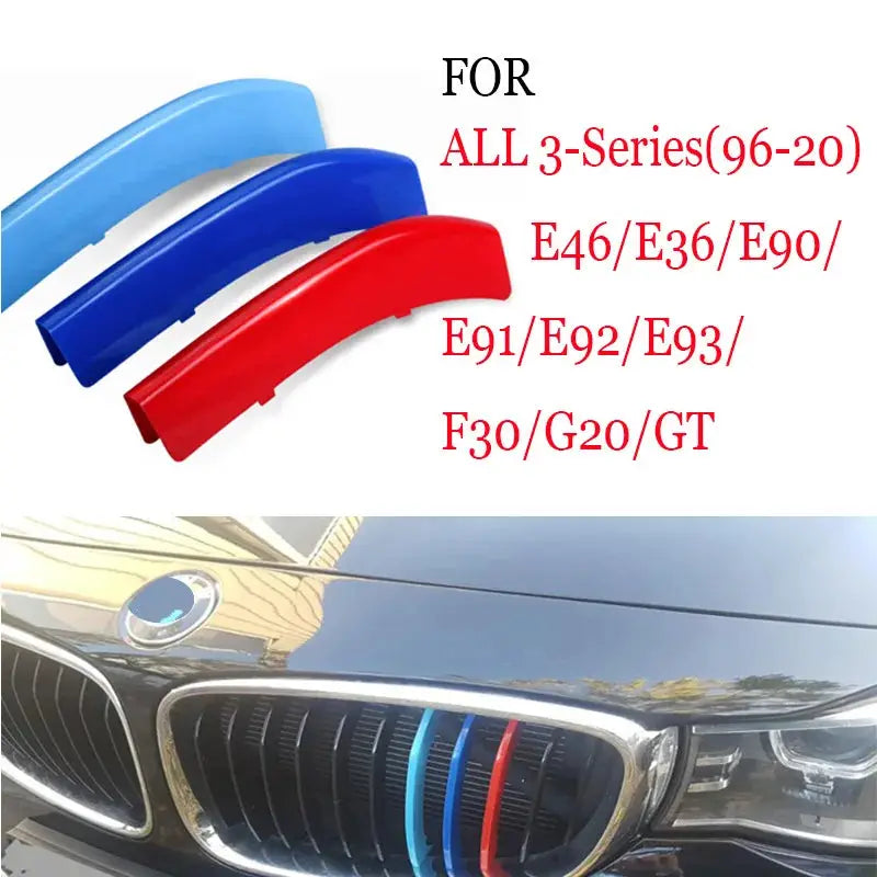 3-piece BMW front grille trim strips in blue, light blue and red.