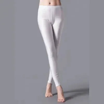 Women's white shiny leggings made of spandex with elastic waist, full-length casual trousers