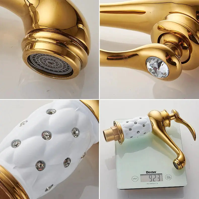 Bathroom faucet antique-bronze finish solid-brass, single-handle water mixer with crystal-embellished grip.