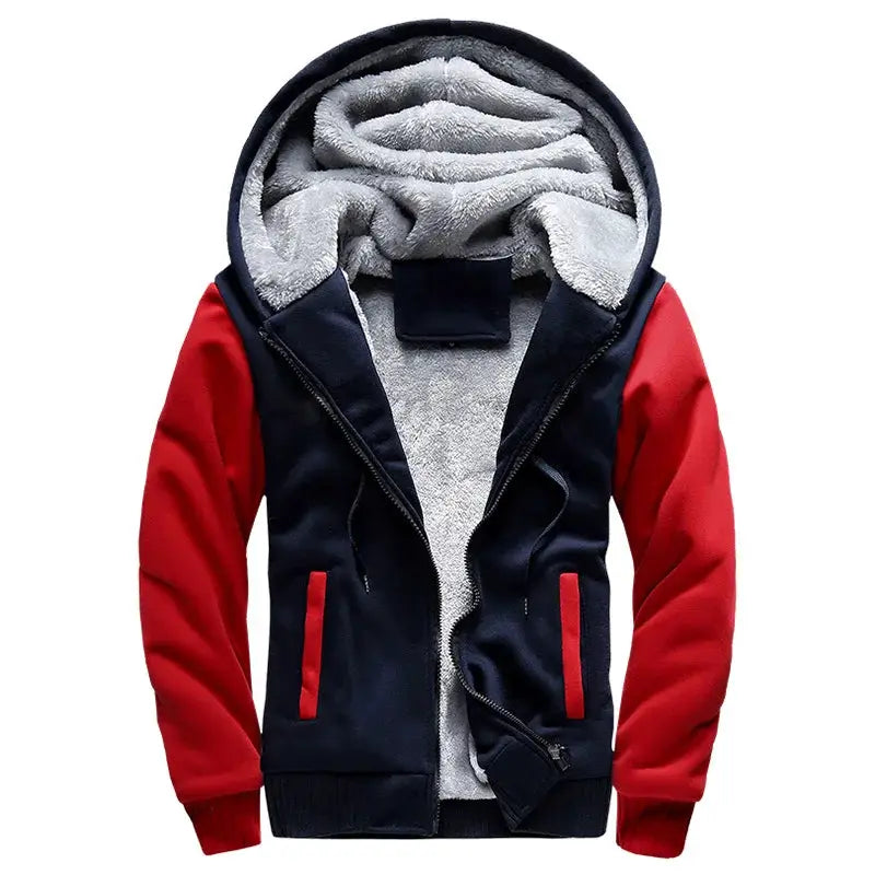 Men's jacket with red sleeves, navy body, thick fleece lining, hooded zip-front coat