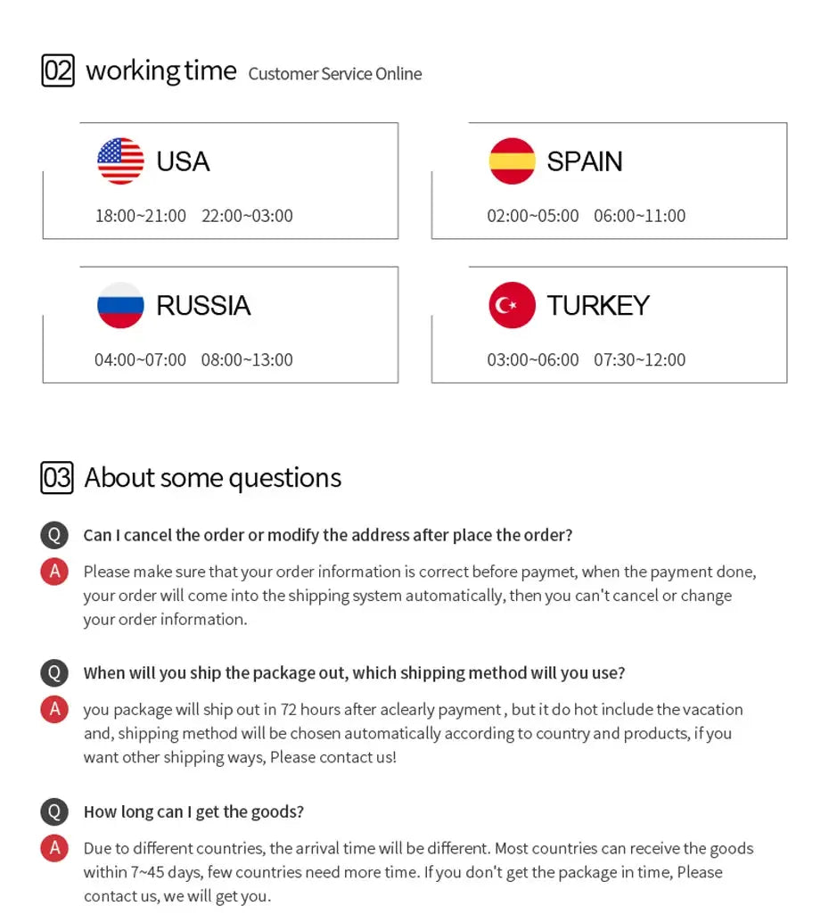 Working time infographic with USA, Spain, Russia and Turkey flags showing service hours and a FAQ section.