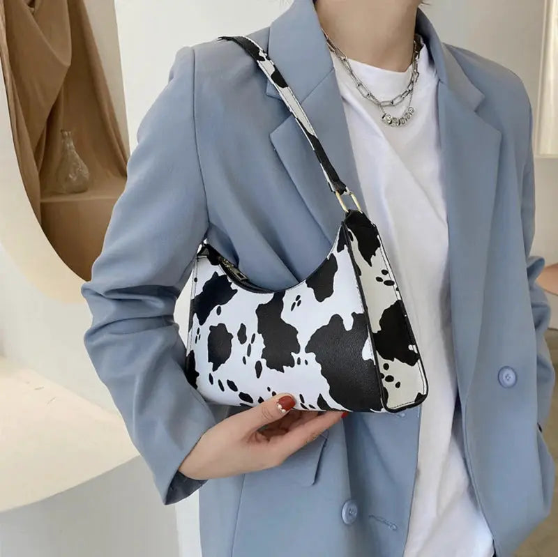 Shoulder bag for women in zebra-print PU leather, black-and-white pattern