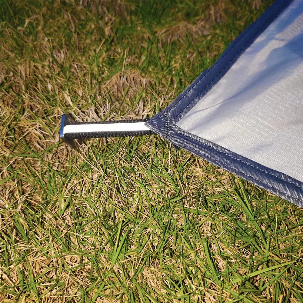 Simples Market waterproof camping mat with pegs, ultralight gray tent mat with blue trim on grass
