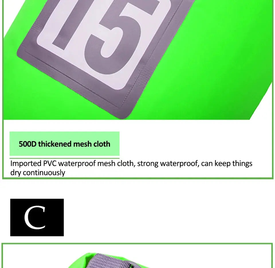 PVC waterproof dry bag in bright green with C logo; label reads 500D thickened mesh cloth and strong waterproof material