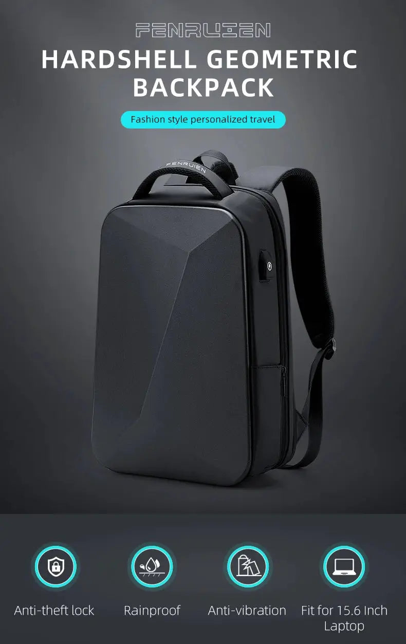 Fenruien hard-shell laptop backpack in black; anti-theft, waterproof, anti-vibration with USB charging.