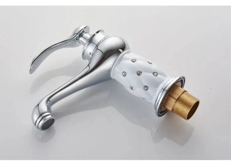 Bathroom faucet with white crystal-studded ceramic handle, chrome finish, brass connector, Simples Market