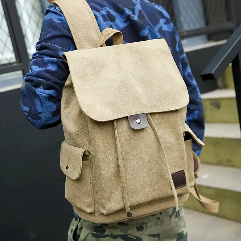 Simples Market tan canvas backpack, large men's rucksack with flap pocket and side pockets