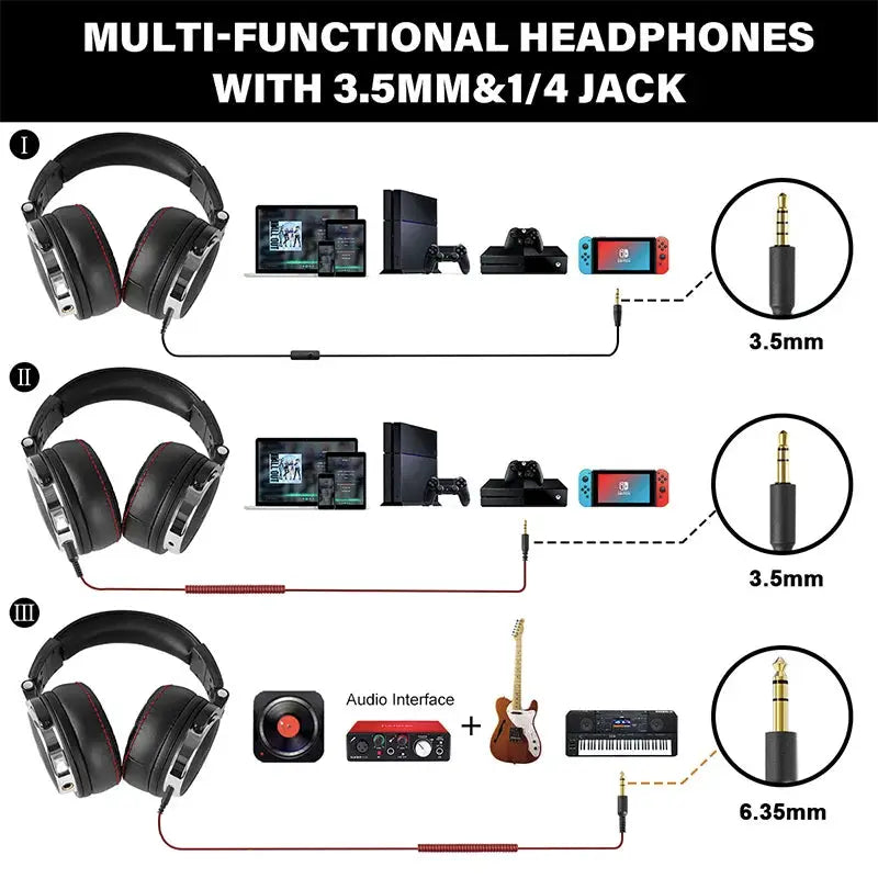 Simples Market Oneodio wired pro DJ headphones with mic; black/red, over-ear with 3.5mm and 6.35mm adapters (3 options).