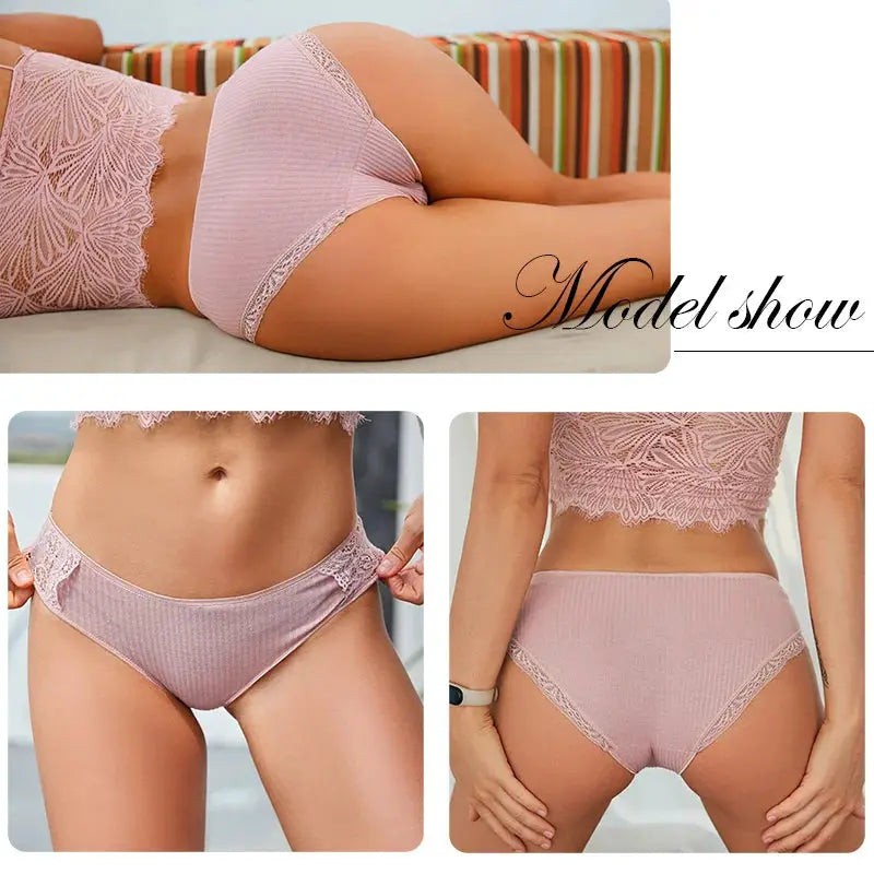 Women cotton panties 3-piece set in pink with lace trim, low-rise briefs