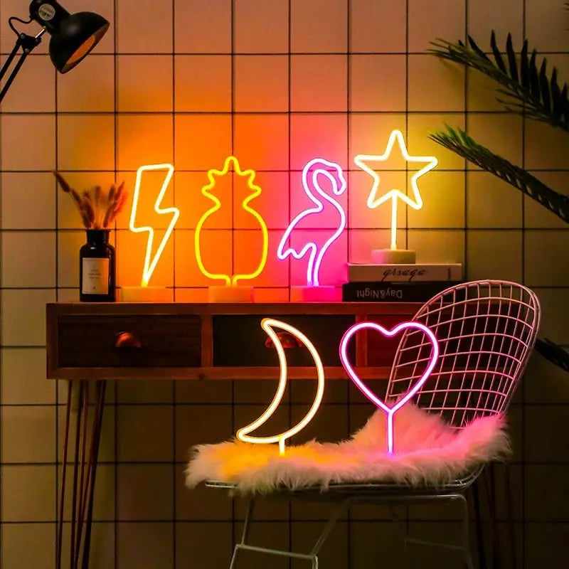 USB neon sign decor set with 6 multicolor shapes: lightning bolt, cactus, flamingo, star, moon, heart for home/kid room