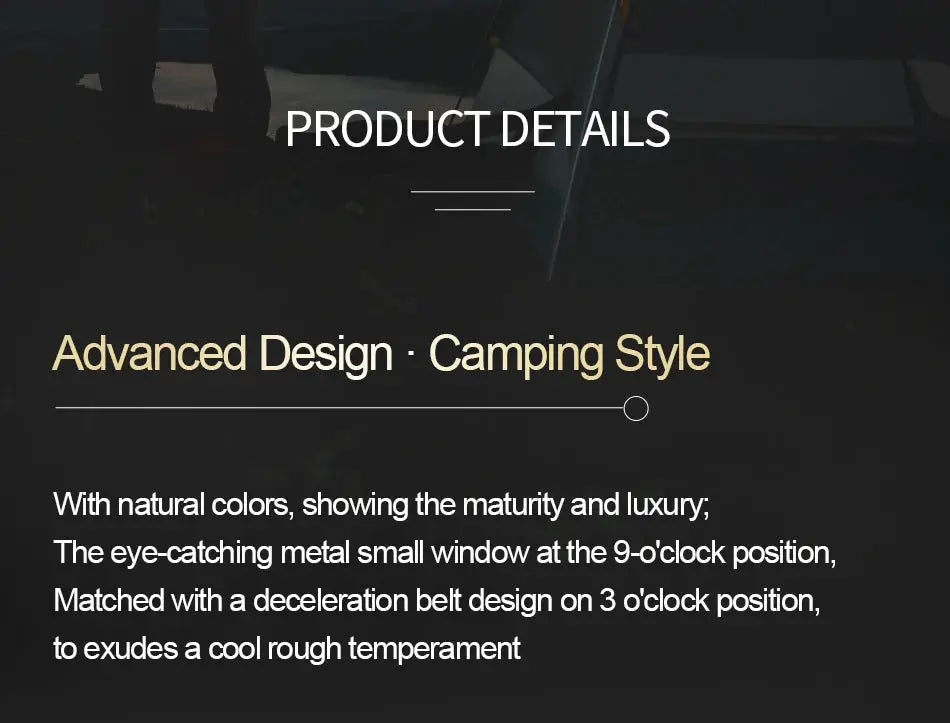 NAVIFORCE men’s wristwatch product details slide featuring camping-style advanced design