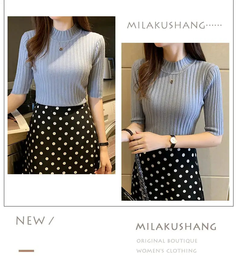 Milakushang women's light blue ribbed knit blouse with short sleeves; shown in two outfits with black polka-dot skirts