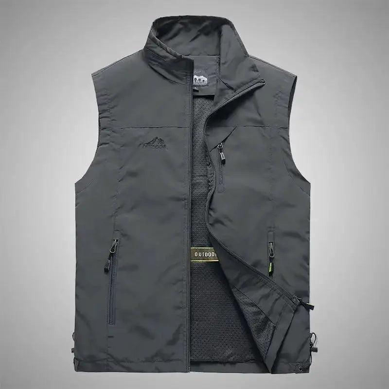 FGKKS men's charcoal gray waistcoat vest for outdoor use with stand collar and zip pockets