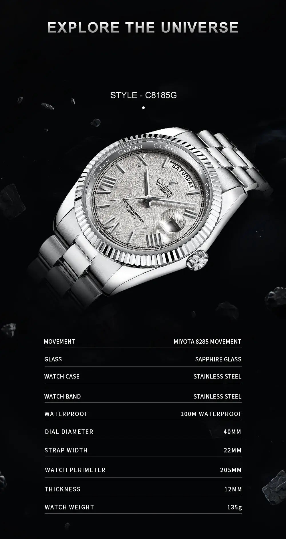 CADISEN men's mechanical watch with meteorite dial, stainless steel case and bracelet