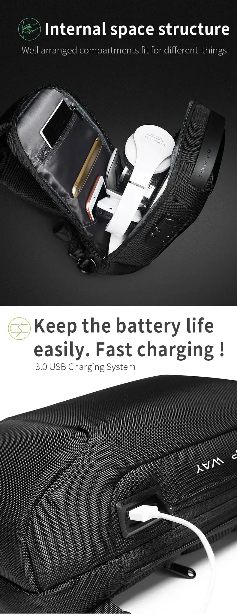 BANGE anti-theft chest bag, black waterproof crossbody with USB charging and organized compartments.