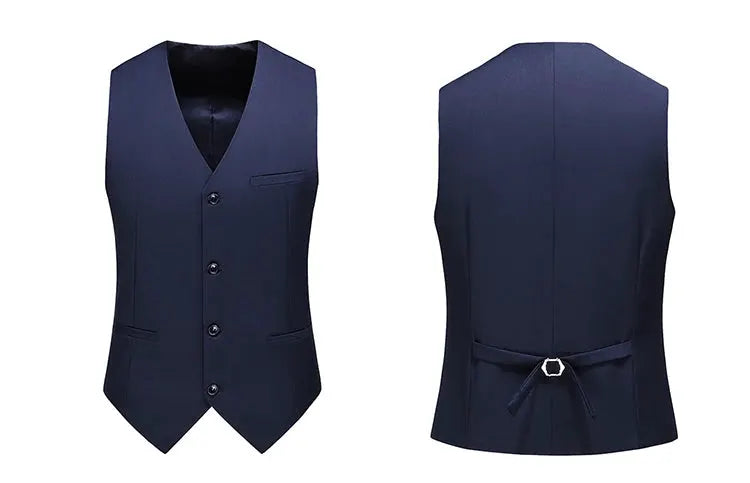 Men's royal blue slim-fit vest waistcoat with V-neck, front buttons and back belt